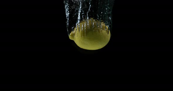 900450 Yellow Lemon, citrus limonum, Fruit falling into Water against Black Background, Slow Motion alt