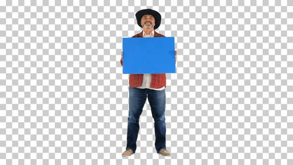 Farmer in a cowboy hat standing with blank, Alpha Channel alt