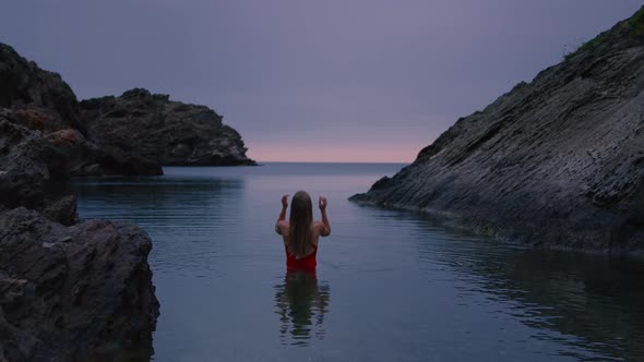 Woman in Red Bikini on Empty Paradise Beach alt