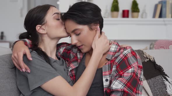 Two Women Lesbian Lgbtq Couple Enjoying Bonding Chilling Cuddling and Kissing alt