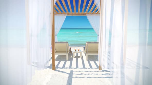 Romantic pergola on a paradise beach with azure water. Exclusive sunny holidays on the island.