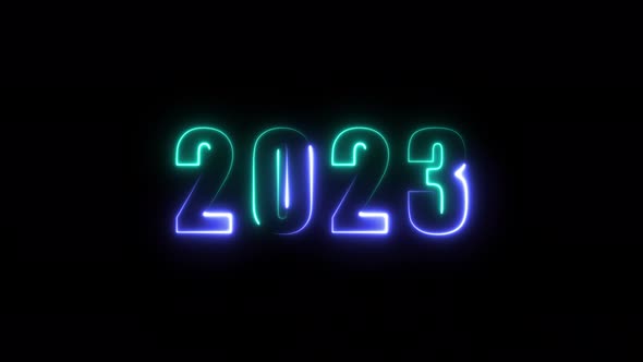 Colorful neon inscription 2023 on transparent background, Motion Graphics