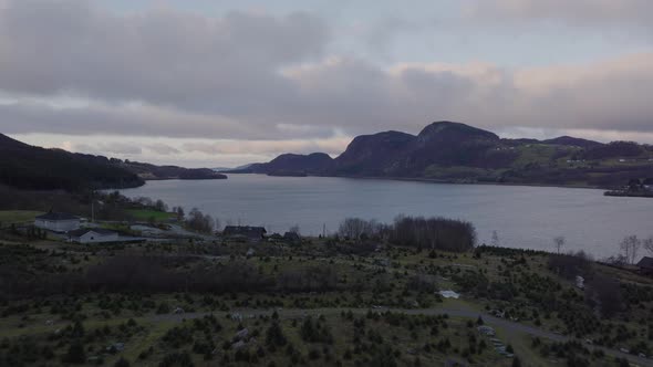 Drone flyover christmas tree plantation to scenic lakeside, Norway rural area, moody cloudy day. alt