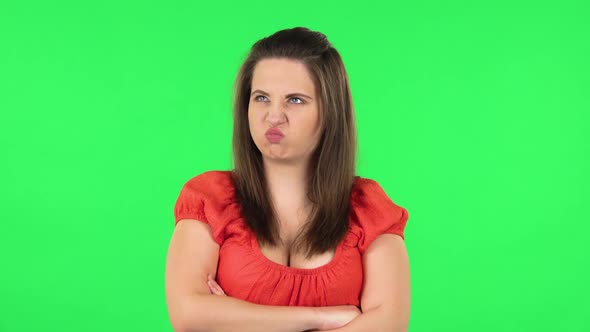 Portrait of Cute Girl Is Very Offended and Looking Away . Green Screen alt