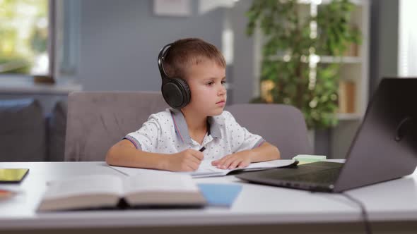 Boy Having Online Lesson on Laptop
