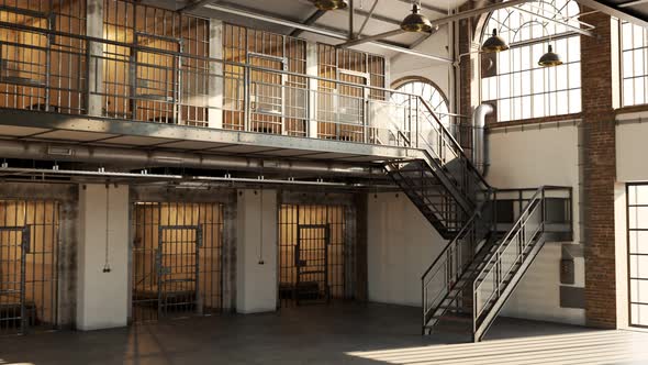 Interior of the modern prison. Hallway with two floors and rows of cells. alt