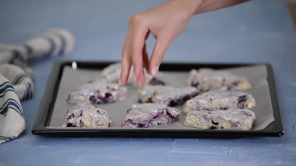 Women's Hands Sprinkle Raw Blueberry Scones with Sugar