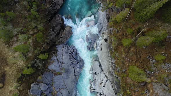 Fly above the blue mountain river Glomaga,Marmorslottet , Mo i Rana,Norway