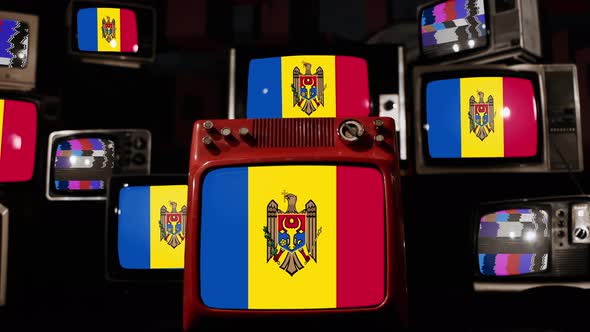 Flag of Moldova on Retro TVs. 4K.