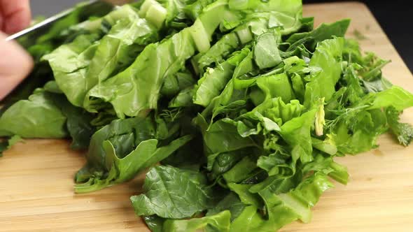 Chopping lettuce on wooden surface