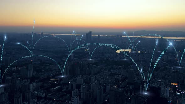 smart Connected city skyline. Futuristic network concept, city Technology. alt