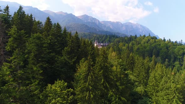 Aerial view of Peles Castle in the forest. Sinaia. Romania. alt