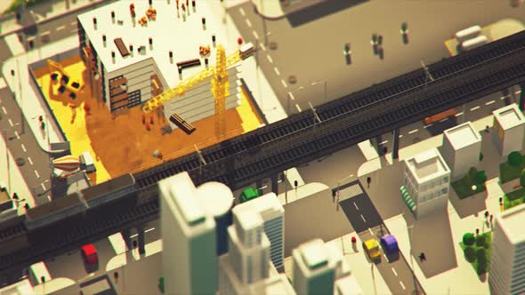 Low poly animation. View of the city with the electrical charging station.