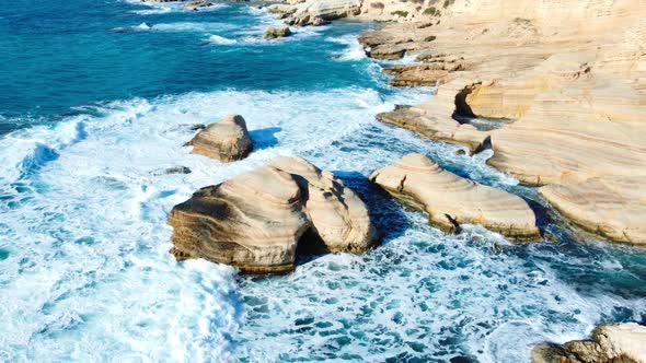 Pure Blue Ocean Water Waves Crash Mountain Beautiful Aerial Top View Landscape Cyprus alt