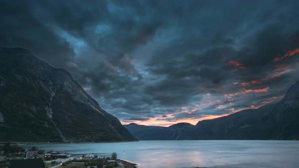 Eidfjord, Hordaland County, Hardanger Region, Hardangerfjord, Norway. Amazing Sunset Sky alt