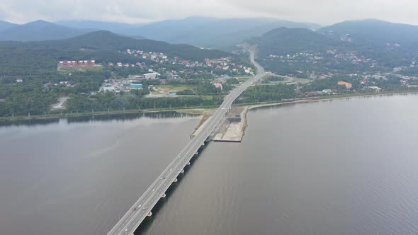 Drone View of a Modern Lowwater Bridge Across the Sea in Vladivostok alt