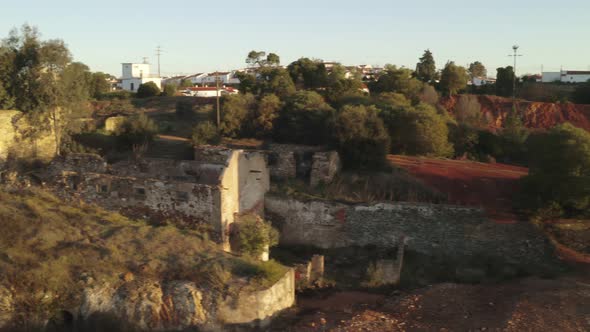 Aerial drone view of the abandoned mines of Mina de Sao Domingos, in Alentejo Portugal alt