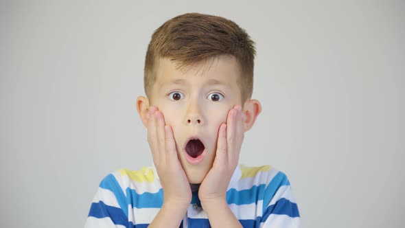 Close Up Portrait of Surprised Little Boy Looking at Camera alt