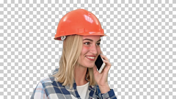 Beautiful female engineer in hardhat calling, Alpha Channel
