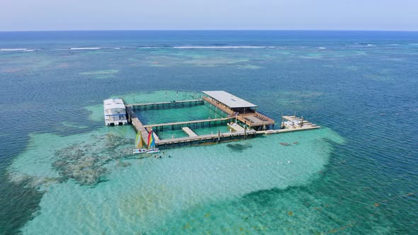 Aerial circling at dolphinarium of ocean adventure park of Punta Cana in Dominican Republic alt