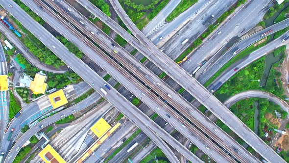 Stunning Aerial view drone shot above freeway traffic alt