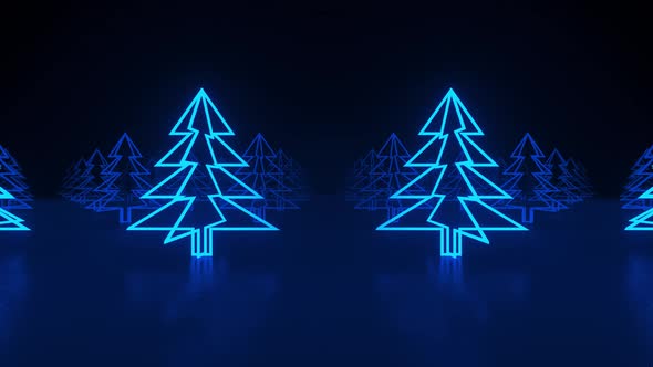 Christmas trees, blue neon glow icon on darkness black background alt