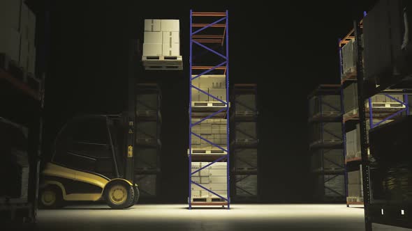 Forklift with a stack of cardboard boxes on a wooden pallet in the warehouse.
