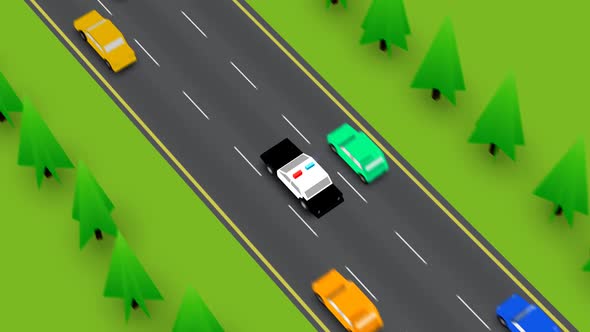 The police car speeding on a busy road, The vehicle is going fast between cars. alt