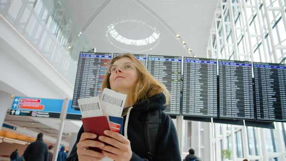 Young Woman Travel Abroad. Tourist Go Home Airport alt
