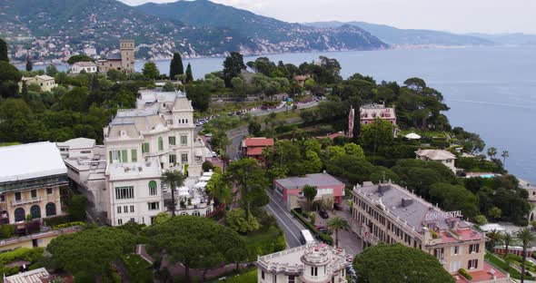 Luxury Hotel Buildings on Coastline near Portofino, Genoa, Italy - Aerial alt