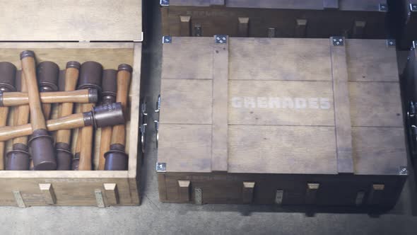 Military boxes with grenades. Huge stack. Warehouse. Endless animation. 4KHD alt