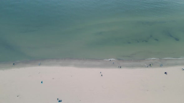 Down view from drone - unrecognizable people walking along the white sand beach near the baltic sea alt