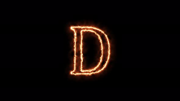 Letter D fire. Animation on a black background the letter 4K video is burning in a flame. alt