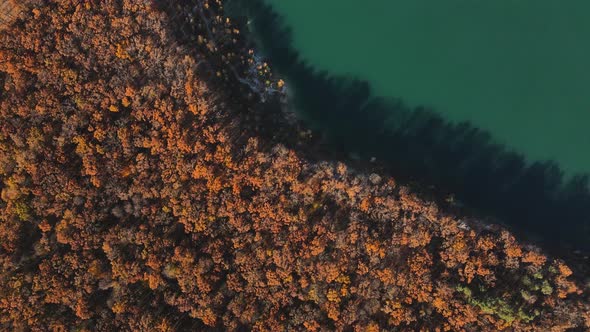 High Above Drone View on Lake with Clear Turquoise Water and Beautiful Autumn Forest