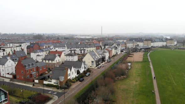 Aerial - Residential of Northampton, a cold morning with view above the houses from the sky in Unite alt