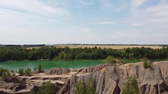 panorama of the lake, forests and mountains, quarry