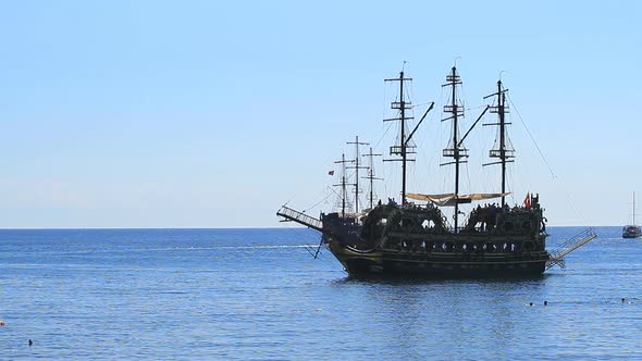 Pirate Old Frigate Sails By Sea In Kemer