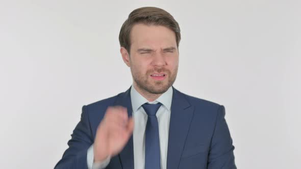Young Businessman with Neck Pain on White Background alt