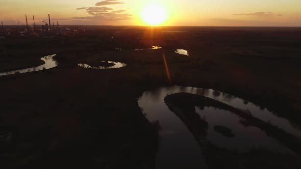 Wild River on Sunset in Ukraine