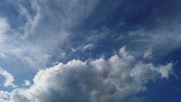 4K time lapse of fluffy cumulus clouds flying on blue sky. Cloudscape background Paradise heaven