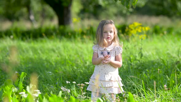 Cute little girl in a dress walks Outdoors in a green park.