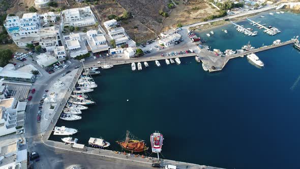 Port of the island of Ios in the Cyclades in Greece seen from the sky alt