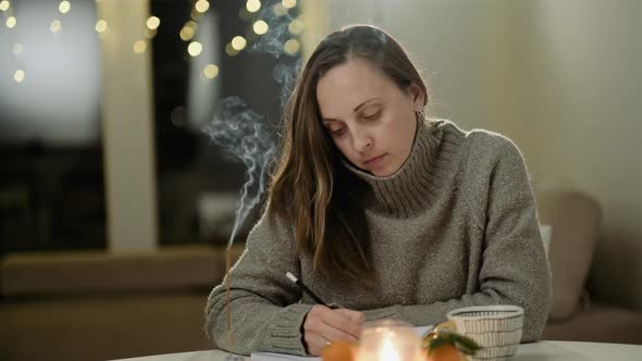 Young woman in a gray sweater writes a diary or goals at home on a background of lights alt