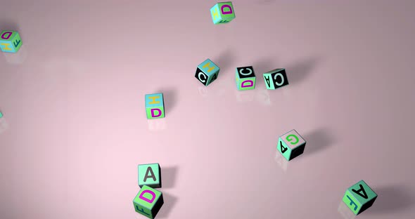 Falling colorful 3d cubes with attached English alphabet on the cube