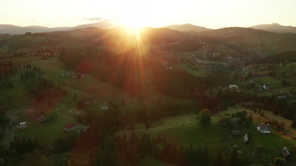 Aerial View of Sunset in the Mountains