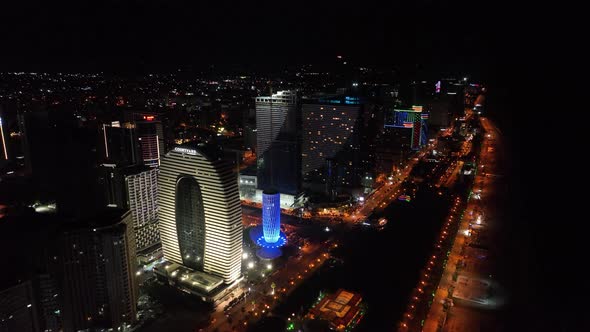 Batumi, Georgia - July 15 2022: Drone flies along new Batumi boulevard at night alt