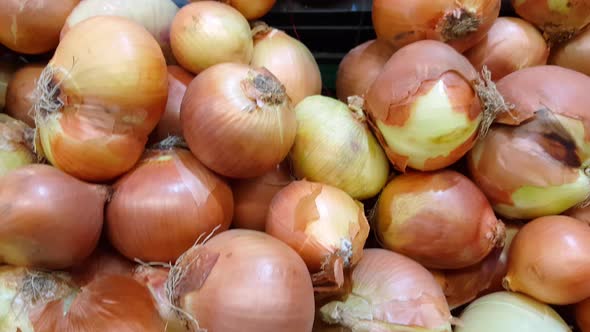 Pile of big brown onions in market, pan motion 