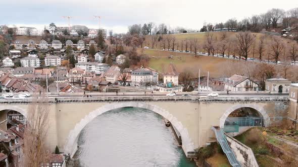 Aerial establishing Pont de Nydegg (Nydeggbrücke Bridge) Bern Switzerland alt