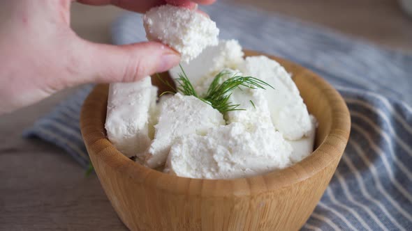 Traditional homemade salted curd cheese. Healthy and fermented food