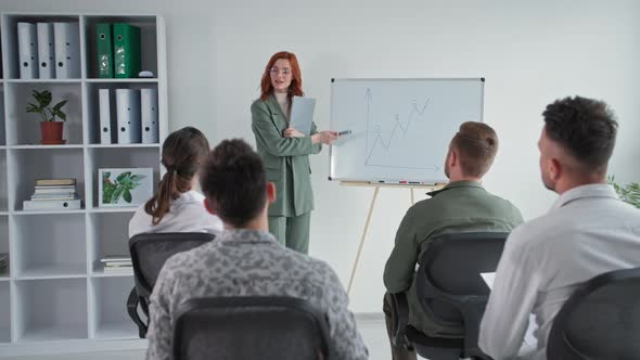 Confident Female Speakercoach Makes Corporate Presentation on Flipchart Teaching Staff in Group alt